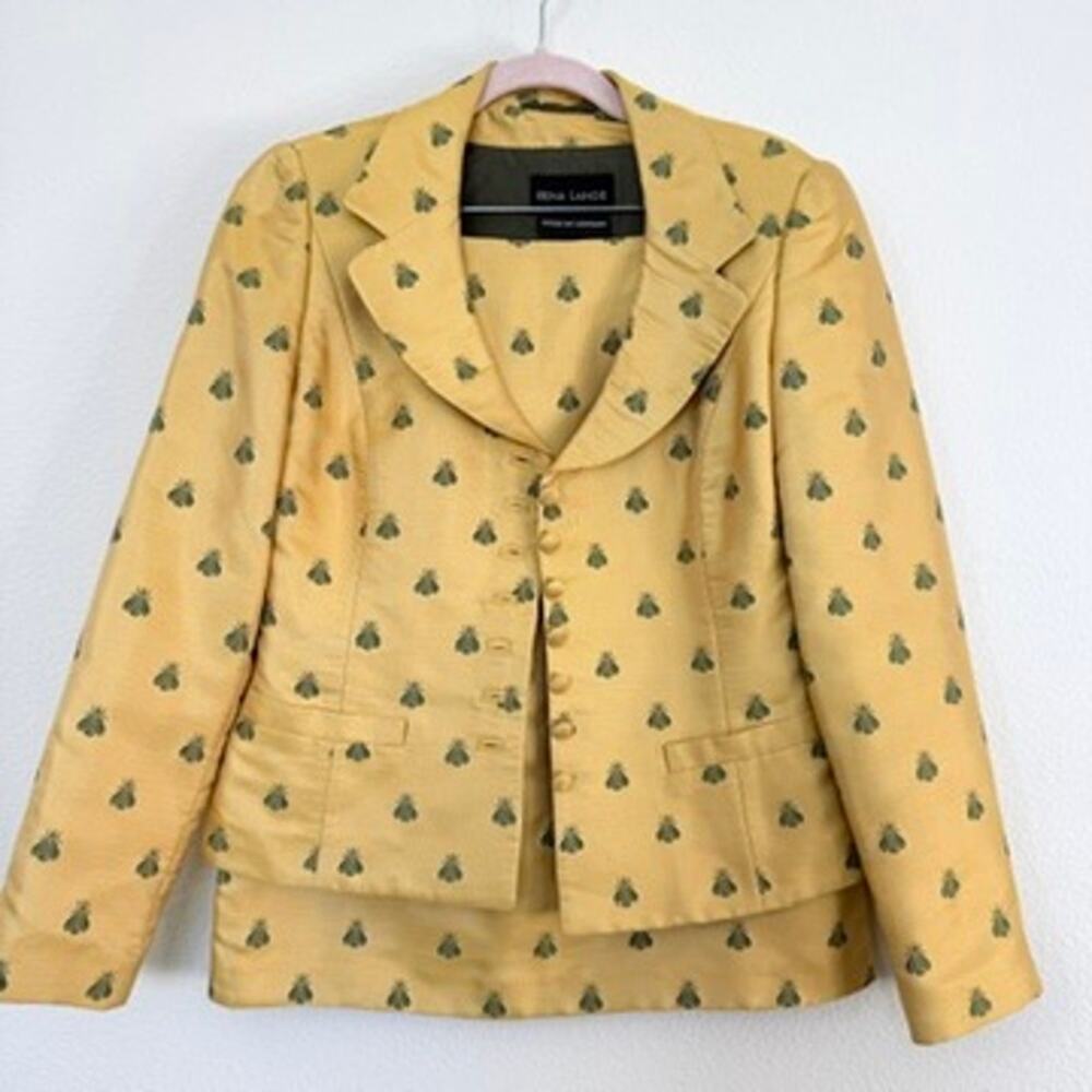 Rena Lange Bergdorf Goodman Moth‎ Jacquard Skirt Suit Couture Yellow Green M